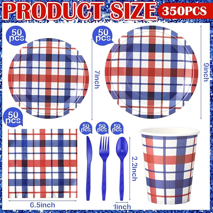 Shellwei 350 Pcs 50 Guests 4th of July Patriotic Tableware Set Red White Blue Buffalo Plaid Disposable Paper Plates, Napkins, Cups & Plastic Utensils for Independence Memorial Day Party Decorations