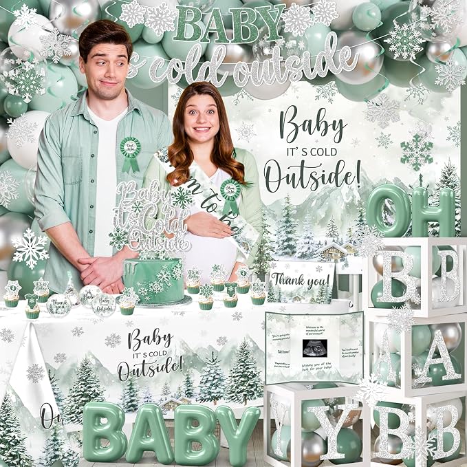 Baby It’s Cold Outside Baby Shower Decorations, Green Winter Baby Shower Decorations Winter Wonderland Tablecloth Banner Backdrop Balloon Box Cupcake Topper Hanging Swirl for Boy Girl Gender Reveal