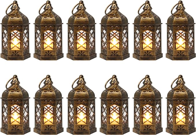 LLQ Mini Lantern with LED Candle, 12PCS Small Lanterns Decorative Indoor, Vintage Moroccan Lights for Halloween Decorations, Hanging Ornaments for Christmas, Table Centerpiece, Boho Wedding Decor