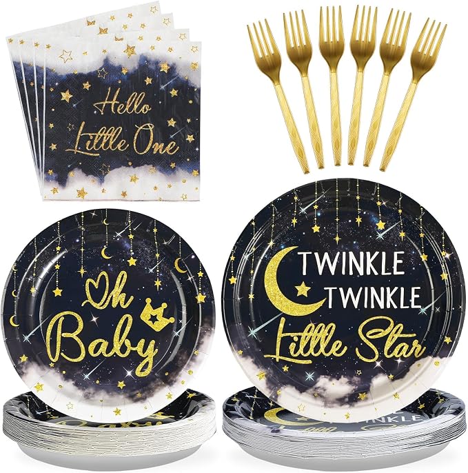 96Pcs Twinkle Twinkle Little Star Party Decoration Star Moon Baby Shower Plates and Napkins Navy Blue Gender Reveal Tableware Set for Boys Girls Baby Shower Celestial Birthday Party Supplies Serves 24