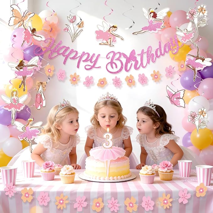 SUNBEAUTY Ballerina Birthday Party Decorations Pink Ballet Girls Happy Birthday Banners Ballet Themed Hanging Banner Flower Garland Wall Ceiling Decor for Girls Tutu Dance Party Supplies