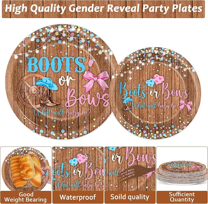 96Pcs Boots or Bows Gender Reveal Decorations Boy or Girl Paper Plates Napkins Blue or Pink Tableware Dinnerware Set Disposable Party Supplies for Baby Shower Gender Reveal Party Favors Serves 24
