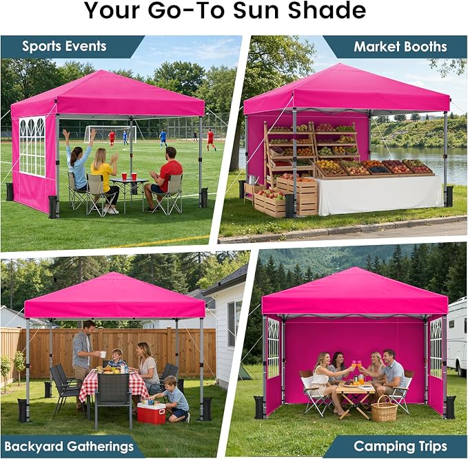 Raynesys Pop Up Canopy Tent with Sidewalls, 10x10ft 10 Person Party Tent One Push Setup, Portable Gazebo Outdoor Sun Shade for Events, Parties, Camping, Commercial, Silver Coated Top, Pink