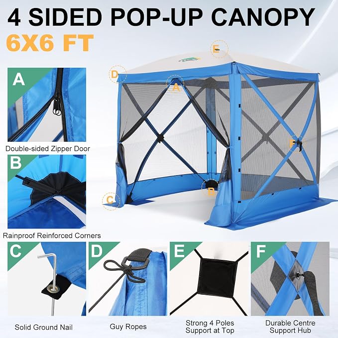 COBIZI 6x6 FT Pop up Gazebo, Popup Canopy Tent, Waterproof Screened in Gazebos,Portable Outdoor Small Screen Tents Sun Shelter,carpas para Patio for Camping, Garden and Backyard,Blue