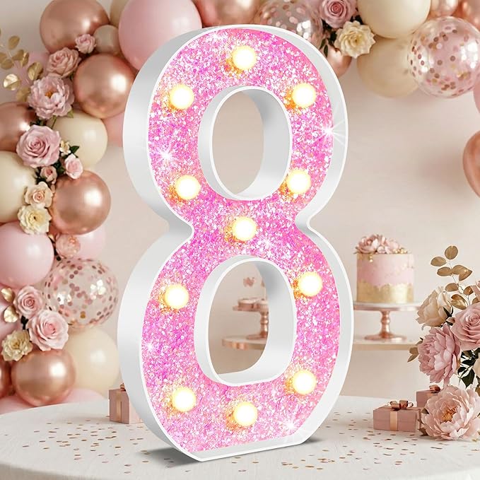 12.6 Inch LED Pink Marquee Light Up Numbers, Sweet 8th Birthday Decorations Number Lights as Gifts for Girls Women, Glitter Lighted Marquee Numbers for Pink Anniversary Party Table Decor, 8