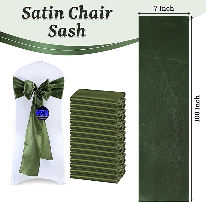 MDS Satin Chair Sashes, 150 Pack, 7”x108” Each, Decorative Chair Bows Ribbon Tie Backs for Wedding Party, Holiday Dinner, Birthday, Reception, Banquet, Hotel & Event Decoration - Olive Green