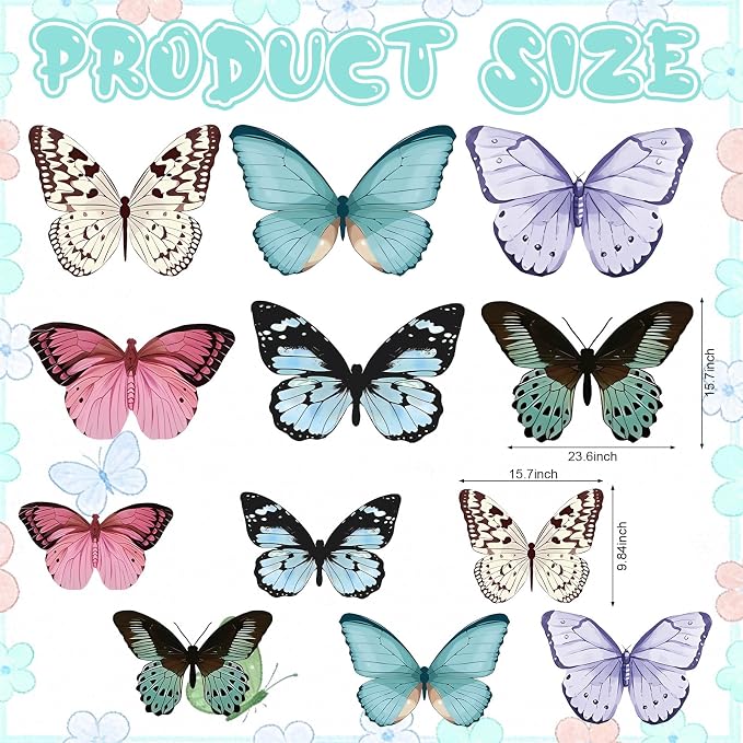 18 Pcs Large Butterfly Party Decorations 3D Paper Butterfly Hanging Decoration 2 Sizes Vibrant Paper Butterflies Birthday Party Supplies for Wedding Spring Baby Shower Room Ceiling Decor
