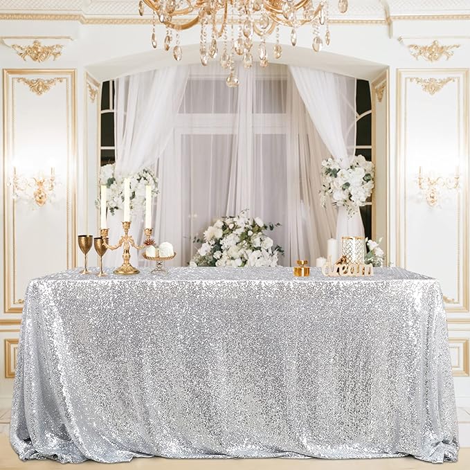 B-COOL Sequin Tablecloth Christmas Decoration 50x50 Inches Square Fabric Thanksgiving Table Cloth Sparkle Overlays Glitz Silver Table Overlay Baby Shower Birthday
