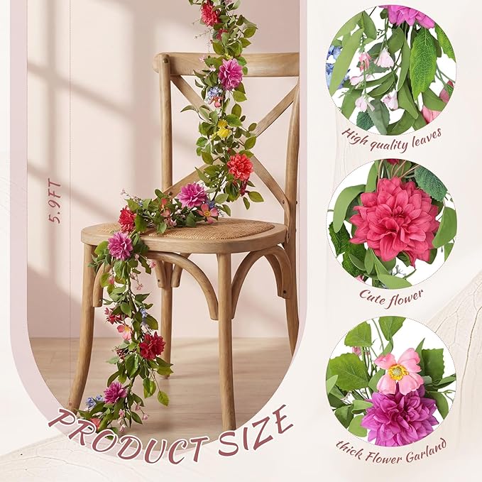 Giegxin 1 Pack 6 ft Artificial Flower Garland Flower with Dahlia and Wildflower Pink Purple Fake Wisteria Vines Summer Greenery Eucalyptus Garland for Wedding Mantle Porch Stair Table Indoor Decor
