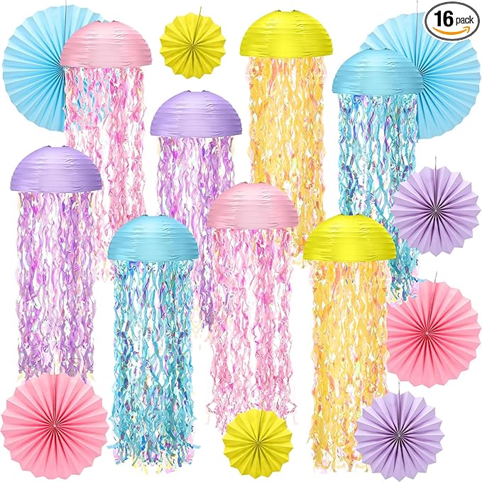 16 Pcs Hanging Jellyfish Paper Lantern Set Includes Jellyfish Lantern Paper Folding Fan Bubble for Mermaid Birthday Sea Ocean Theme Parties Classroom Decorations (Macaron Colors)