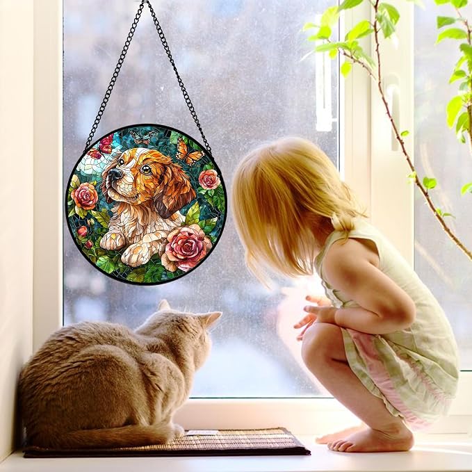 DASTOLL Stained Glass Window Hanging, Dog and Rose Suncatcher for Doors Home Butterfly Sun Catchers Decoration and Christmas, Mother's Day Birthday Gifts for Women, Men, and Mom 7.8 in