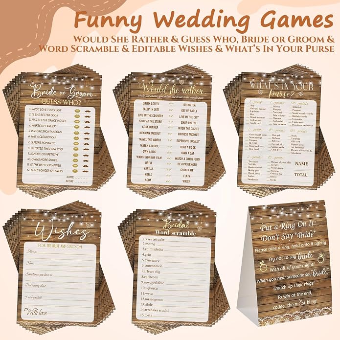 Sosation 331 Pcs Bridal Shower Games Supplies, 5 Sets (50 Cards Each) Wedding Games Cards, 1 Put a Ring on It Bridal Shower Game with 60 Rings and 20 Team Pencils for Wedding Engagement