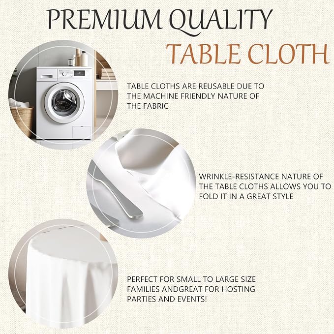 90x90 Table Cloth - 6 Pack Round White Washable Stain and Wrinkle Resistant Polyester Table Cover for Dining Tables, Various Parties and Camping (White)