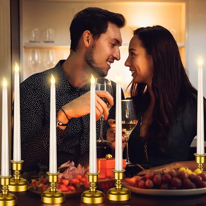 Fumete 16 Pcs Flameless Candles with Gold Base Battery Powered Taper White Candles Battery Operated LED Candlesticks for Party Home Dinner Decorations