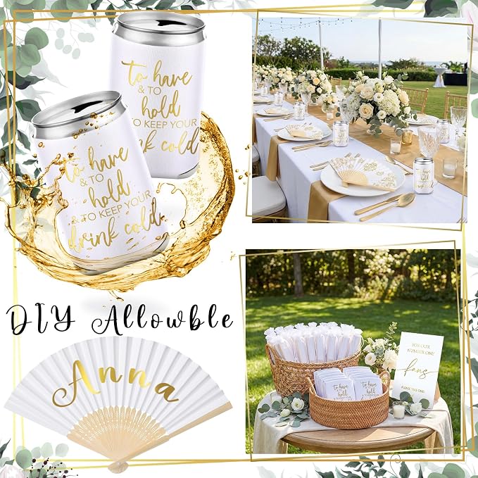 Hoteam 25 Sets White Wedding Party Favors for Guests Bulk Including Can Cooler and Paper Folding Fans with Wedding Decor Table Sign Cheers to Love for Bridal Shower Party Souvenir(Classical)