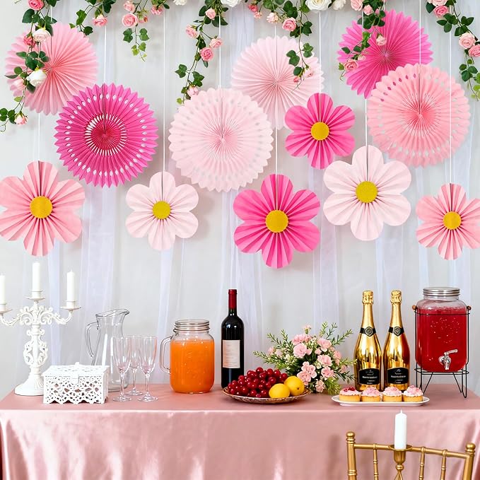 Pink Party Decorations, 12PCS Paper Fans Flowers Wall Backdrop for Wedding, Birthday, Baby Shower, Bridal Shower, Nursery, Indoor Outdoor Classroom Decor