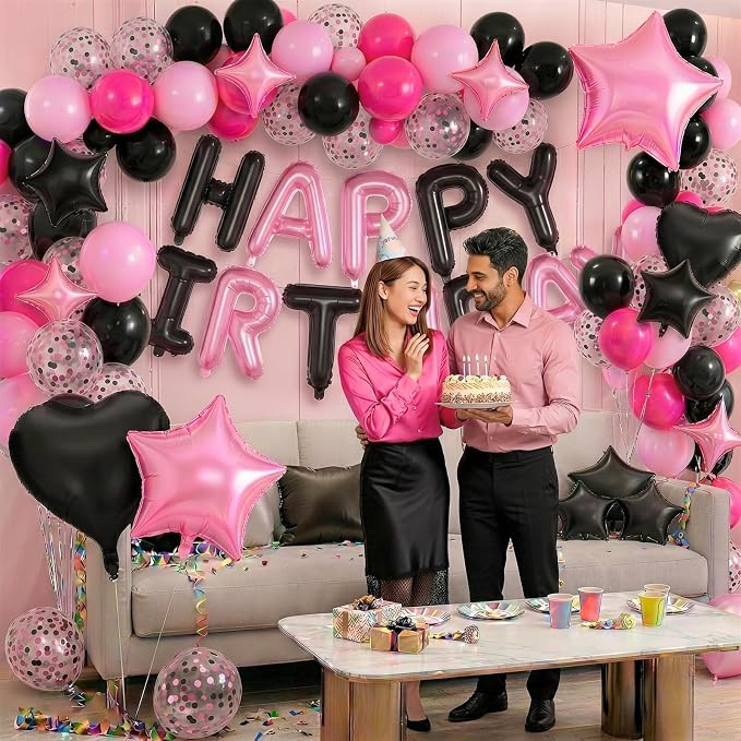 Pink and Black Birthday Decorations for Girls Women Hot Light Baby Pink Black Balloons Confetti Party Balloon Happy Birthday Banner Heart Balloons 18/10 Inch Star Balloon for Bday Party Supplies