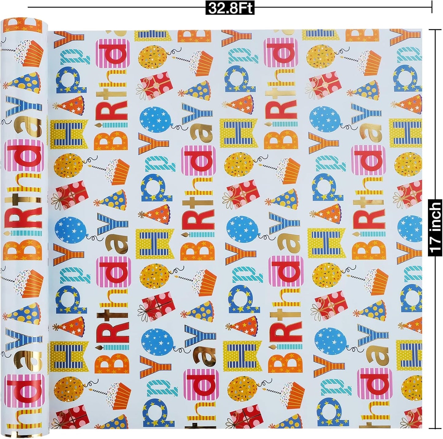 Aimyoo Blue Birthday Wrapping Paper Roll - 17 Inch X 32.8 Feet - Gold Foil Happy Birthday Lettering & Balloon Design Gift Wrap for Kids, Baby Showers