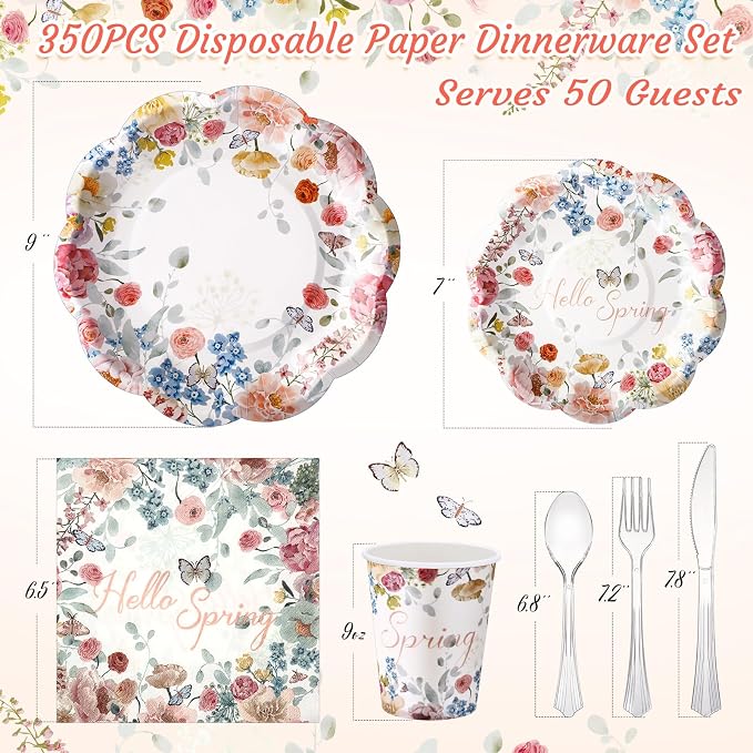 Havawish 350 Pcs Spring Mother Day Party Supplies Hello Spring Disposable Wildflower Plates and Napkins Tableware Sets Serves 50 Guests for Baby Shower Birthday Wedding Party Decorations