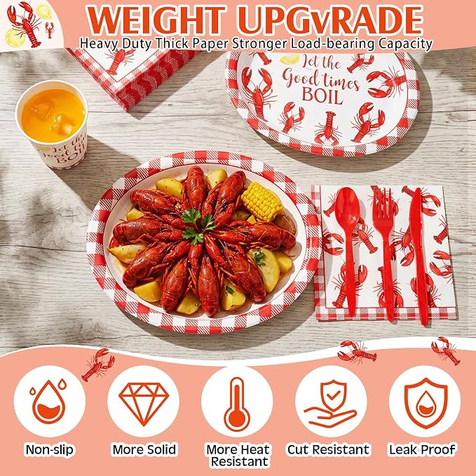 Pajean 350 Pcs Crawfish Boil Party Decorations 12 in Disposable Oval Plates and Napkins Let The Good Times Boil Heavy Duty Paper Tableware Set for 50 Guests Lobster Seafood Picnic BBQ Party Supplies