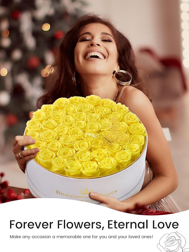 47 Preserved Roses Forever Flowers Real Roses in a Box Mother's Day Birthday Flowers for Her Mom Women Wife Valentine's Day, Yellow Roses