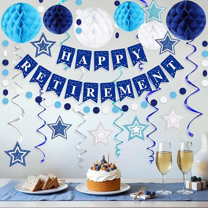 Happy Retirement Party Decorations for Men Women Blue Silver Happy Retirement Banner Honeycomb Balls Pentagram Hanging Swirl Streamers Circle Dots Garland