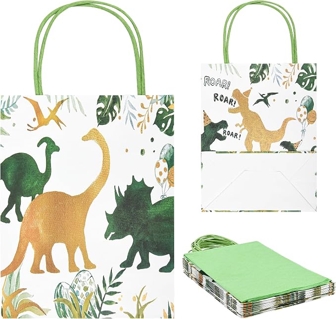 DjinnGlory 36 Pack Medium T-Rex Dinosaur Dino Themed Gift Bags with Handles and Green Tissue Paper for Boys Girls Kids Birthday Party Favors Goodies Treats,10x8x4 Inch (2 Assorted Designs)