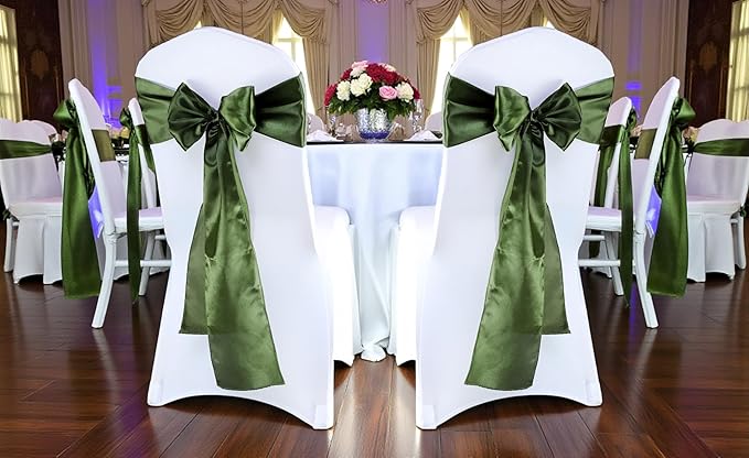 MDS Satin Chair Sashes, 150 Pack, 7”x108” Each, Decorative Chair Bows Ribbon Tie Backs for Wedding Party, Holiday Dinner, Birthday, Reception, Banquet, Hotel & Event Decoration - Olive Green