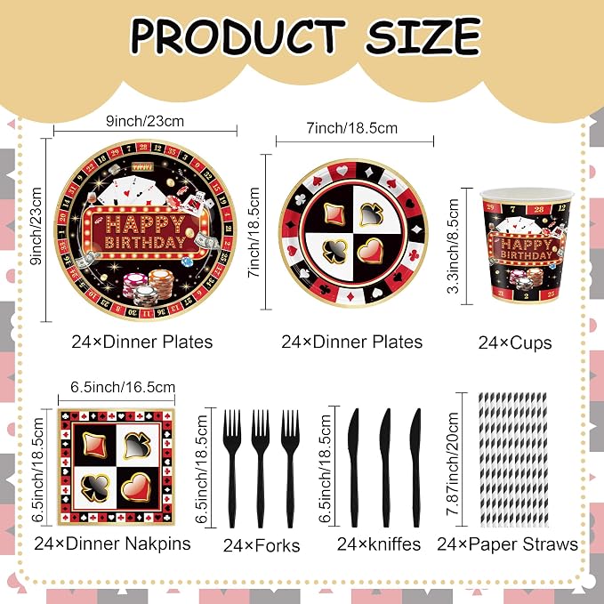 168PCS Casino Party Supplies for Girls Boys Kids Las Vegas Themed Happy Birthday Party Decorations Poker Paper Plates Napkin Cups Forks Knives Straw Tableware for 24 Guests