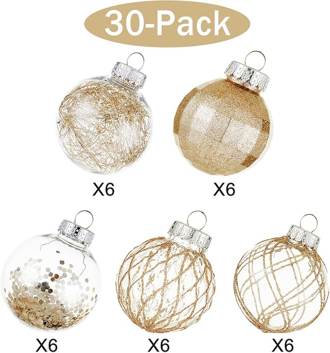 CristBest 30ct Christmas Ball Ornaments-60mm/2.36" Shatterproof Clear Plastic Xmas Balls Baubles Set with Stuffed Delicate Sparkling, Hanging Christmas Tree Decorations(Champagne Gold)
