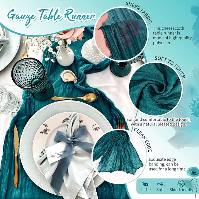 18 Pack Teal Cheesecloth Table Runner 17 x 108 inch Boho Gauze Table Runner Rustic Sheer Cheese Cloth Table Decorations for Wedding Party Baby Bridal Shower Birthday Holiday Home
