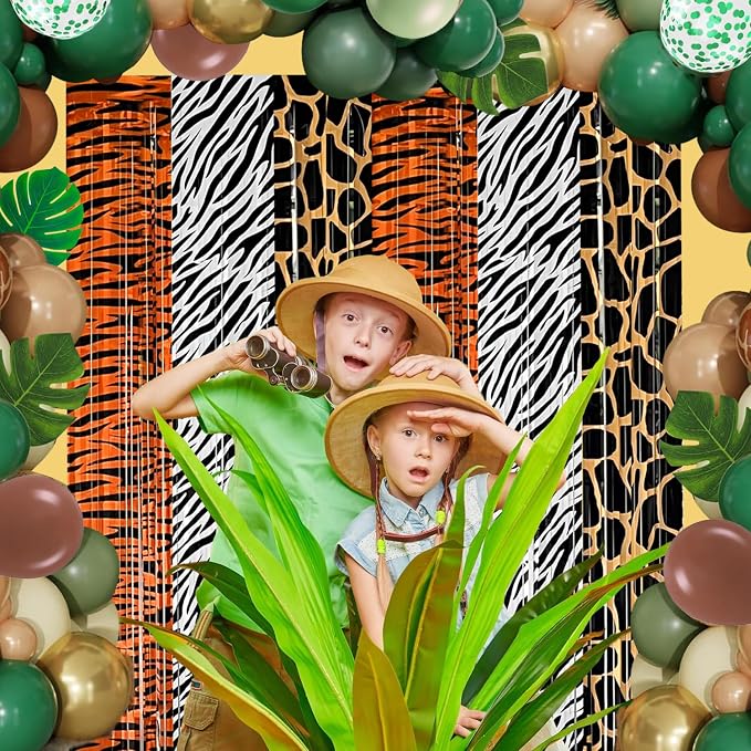 Jungle Safari Balloon Arch Garland Kit Birthday Party Decorations, Animal Foil Fringe Curtains Backdrop Tinsel Streamers Banner Tropical Palm Leaves for Safari Themed Wild Party Decor Supplies Favors