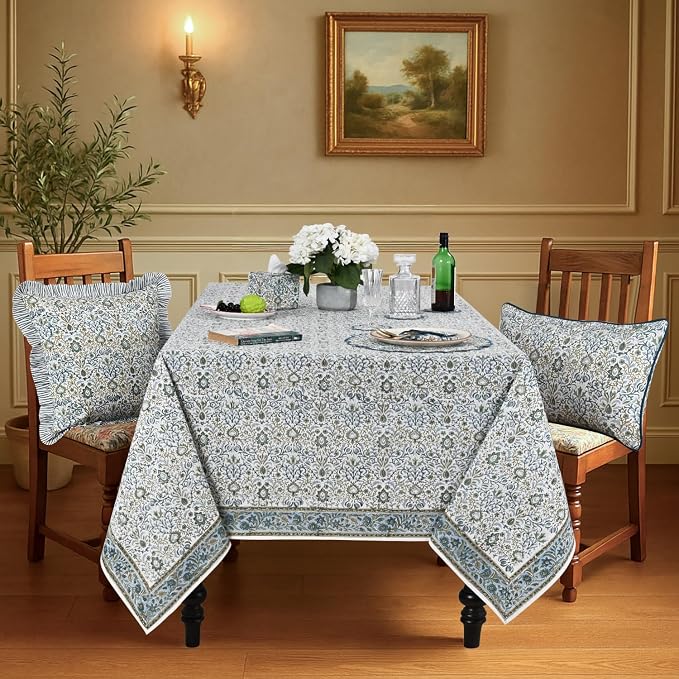 Ridhi Indigo Hand Block Print Cotton Rectangle Tablecloth 108" x 60" inches Reusable Table Cover Decorative Everyday Use for Dining Room, Farmhouse, Home Gift for Spring, Mother's Day