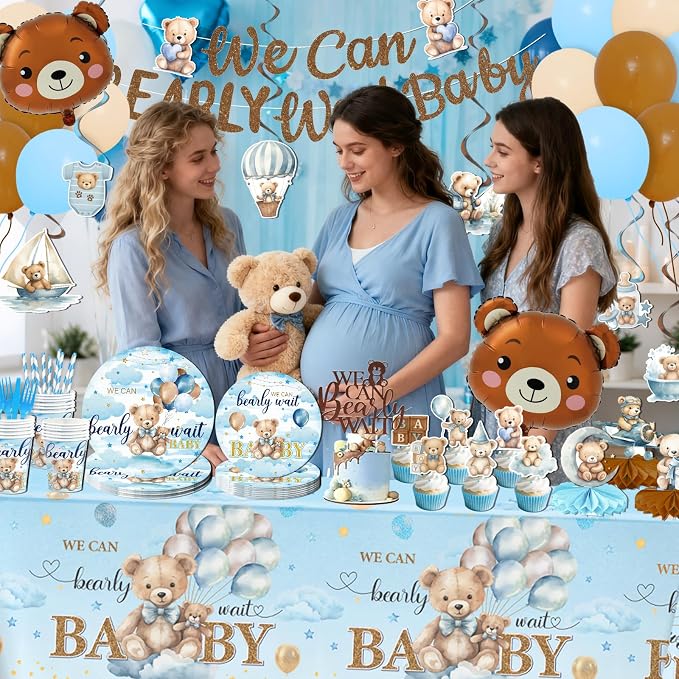 We Can Bearly Wait Baby Shower Decorations Boy, 200Pcs Teddy Bear Baby Shower Balloons Banner Plates Napkins Cake Toppers Tablecloth Honeycomb Balls for Bear Themed Party Decorations Severs 24