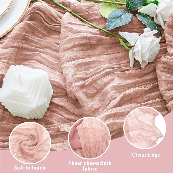 2PCS Table Runner Cheesecloth 10FT Dusty Pink Boho Gauze Cheese Cloth Rustic Sheer Table Runners for Easter Wedding Bridal Baby Shower Party Decoration