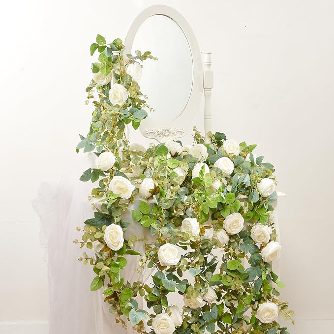 PONKING Flower Garland Artificial Rose Vine Flowers Hanging Fake Roses Vines for Wedding Birthday Party Valentines Christmas Room Wall Arch Decor, 2 White Floral Garland Decorations, High Realistic