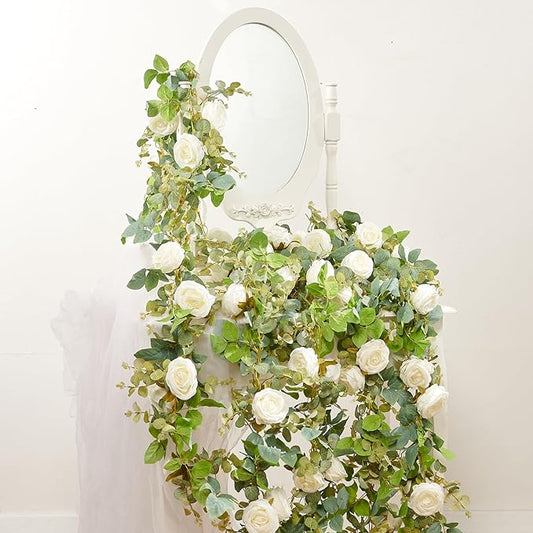 PONKING Flower Garland Artificial Rose Vine Flowers Hanging Fake Roses Vines for Wedding Birthday Party Valentines Christmas Room Wall Arch Decor, 2 White Floral Garland Decorations, High Realistic