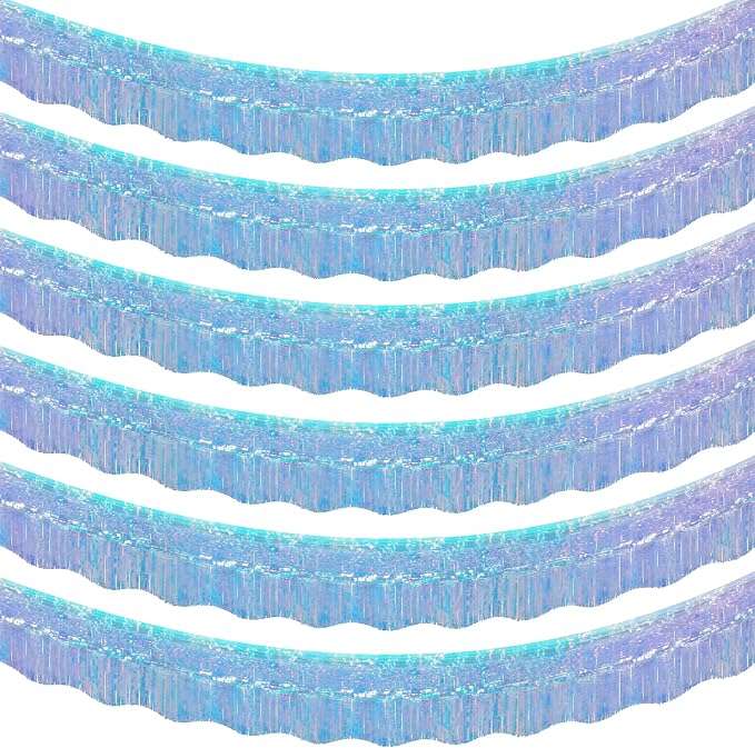 LOLStar Iridescent Blue Foil Fringe Tinsel Garland Streamer Banner, 6 Pack | 60Ft Tinsel Streamers, Shiny Iridescent Blue Wall Hanging Tinsel Fringe Banners for Mermaid, Snow, Sea, Unicorn Party Decor