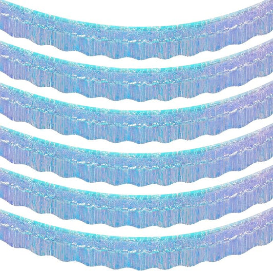 LOLStar Iridescent Blue Foil Fringe Tinsel Garland Streamer Banner, 6 Pack | 60Ft Tinsel Streamers, Shiny Iridescent Blue Wall Hanging Tinsel Fringe Banners for Mermaid, Snow, Sea, Unicorn Party Decor