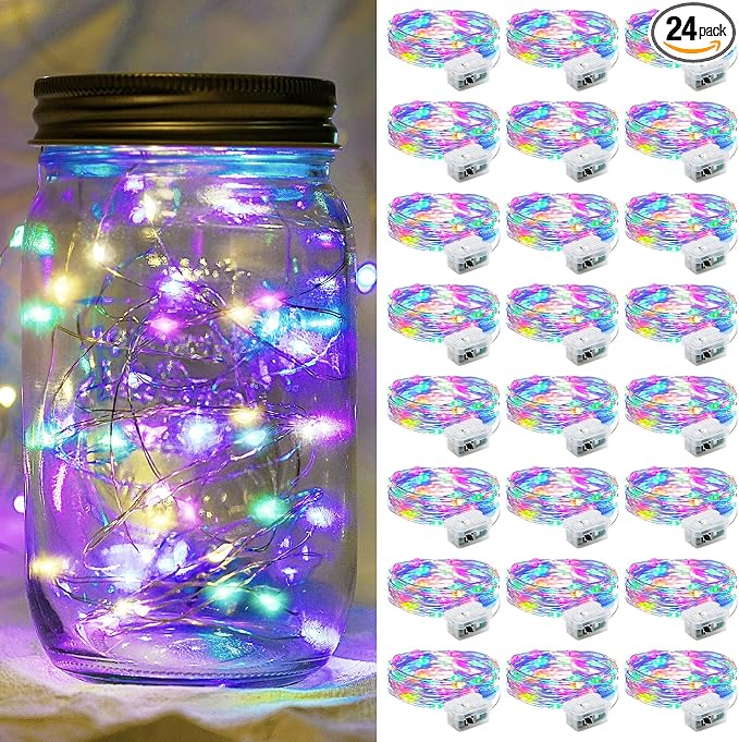 Fairy Lights 7Ft 20 LED Twinkle String Lights 3 Modes Battery Operated Waterproof Firefly Starry for Mason Jar Party Wedding Easter Valentines Day Table Centerpieces(Rainbow-Pastel, 24 Pack)