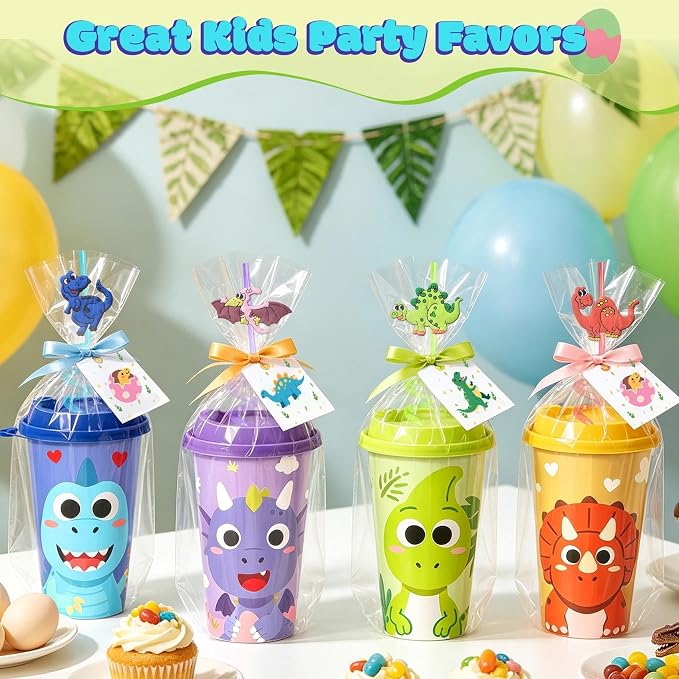 Dinosaur Party Favors for Kids, 24 Pack Dino Birthday Cups with Lids and Straws, 16oz Dinosaur Party Supplies, Goodie Bag Stuffers, Classroom Prizes, Boys Girls Birthday Decorations