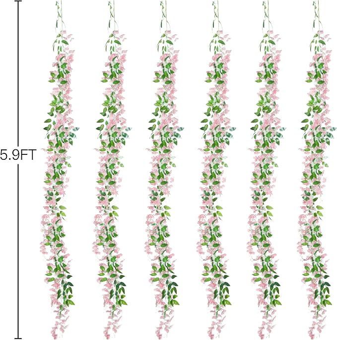 Sggvecsy 6Pcs Wisteria Garland Artificial Flowers Garland Fake Hanging Wisteria Vines Rattan Silk Hanging Flower Vines for Home Garden Outdoor Wedding Arch Party Ceremony Total 35.4Ft (Pink)