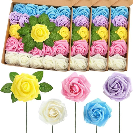 100 Pcs Artificial Foam Rose Flower Faux Bouquet Wedding Fake Rose Gift for Mother's Day Women DIY Bridal Shower Party Table Birthday Home Spring Decor (Macaron Colors)