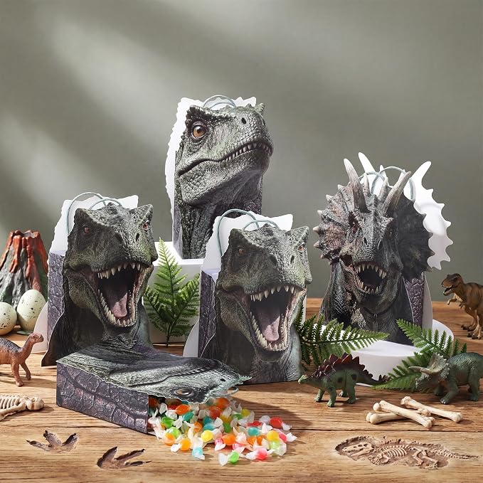 Tosstuki 12 Pcs Realistic Dinosaur Party Favor Bags 3D Dinosaur Birthday Gift Goodie Bags with Handles Dino Treat Paper Bag for Candy Dino Themed Birthday Party Decorations Supplies