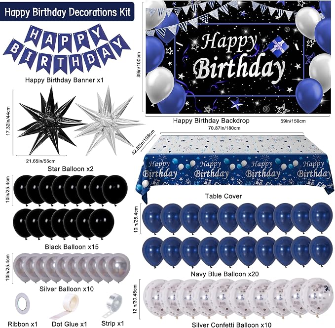 Black and Blue Birthday Decorations for Men Boys Women Girls, 75 PCS Blue and Silver Party Decorations Happy Birthday Backdrop Banner Blue Black Silver Confetti Star Balloons Arch Tablecloth