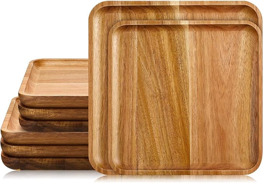 Didaey 6 Pcs Acacia Wood Square Plates 8'' 10" Wooden Plates Serving Trays for Meal Dishes Snack Dessert Easy Cleaning and Lightweight, Not Dishwasher