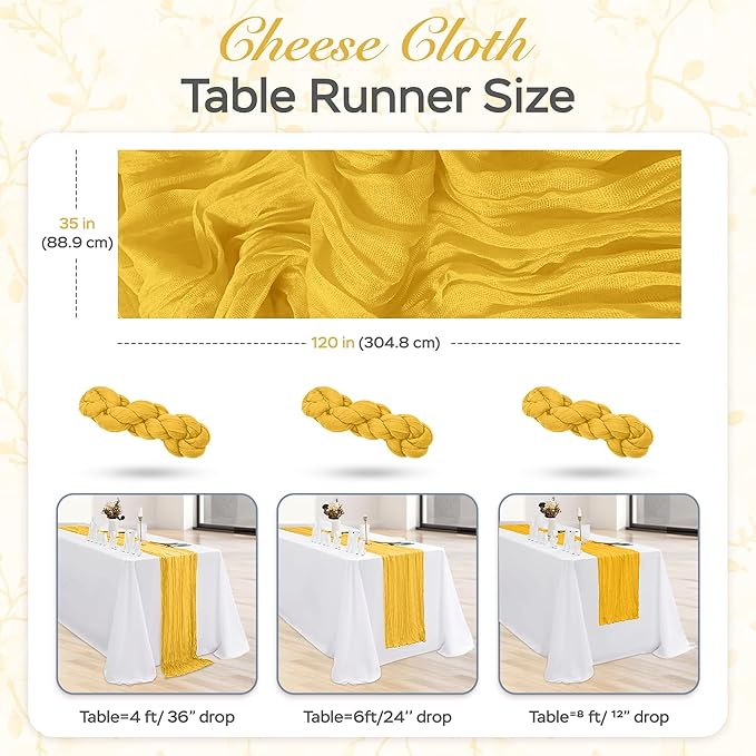 Cheesecloth Table Runner 8 Pack – 35x120 Inch (10ft) Boho Rustic Gauze Cloth Runners – Crinkle Polyester Table Decor for Wedding, Baby Shower, Bridal Shower, Birthday Party and More (Gold Yellow)