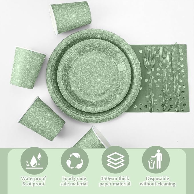 Hushee 175 Pcs 25 Guests Sage Green Paper Party Plates and Cups Napkins Sets Holographic Glitter Disposable Dinnerware Plastic Forks Knives Spoons Birthday Bachelorette Wedding Party Supplies