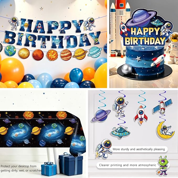NeoRov 220 Pcs Space Themed Birthday Party Decorations Tableware Set | Service 25 Guests | Includes Banner, Cake Topper, Balloons, Plates And Napkins Paper Cup | For Space Astronaut Themed Party