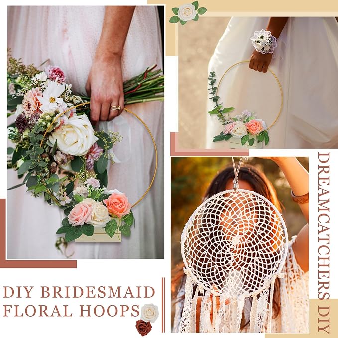 FoldTier 12 Pcs 10 Inches Metal Floral Hoop Centerpiece with Stand for Tables - Includes Gold Wreath Rings and Wooden Stands for DIY Wedding Baby Shower Communion Baptism Birthday Party Decoration